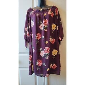 Mi ami Maroon Floral Off Shoulder Dress 3/4 Sleeves Sz L.